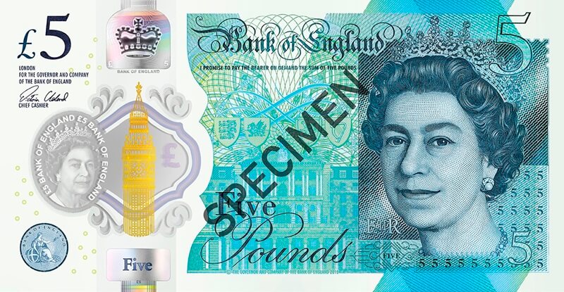 Image of £5 Polymer Front Specimen © Bank of England Image of £5 Polymer Front Specimen © Bank of England
